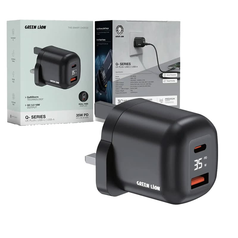 آداپتور شارژر سوپر فست 2 پورت یک پورت PD نمایشگردار گرین لاین Green Lion Q-Series 35W UK-Plug