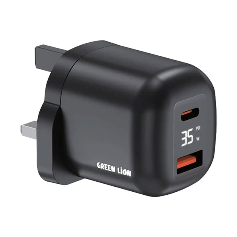 آداپتور شارژر سوپر فست 2 پورت یک پورت PD نمایشگردار گرین لاین Green Lion Q-Series 35W UK-Plug — تصویر ۲