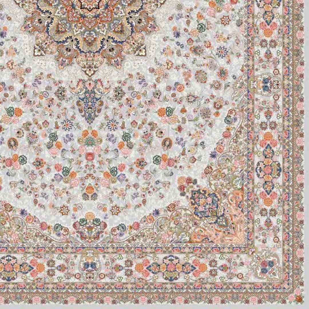 فرش اطلس ۱۲۰۰ شانه تراکم 3600 زمینه نقره ای — تصویر ۲