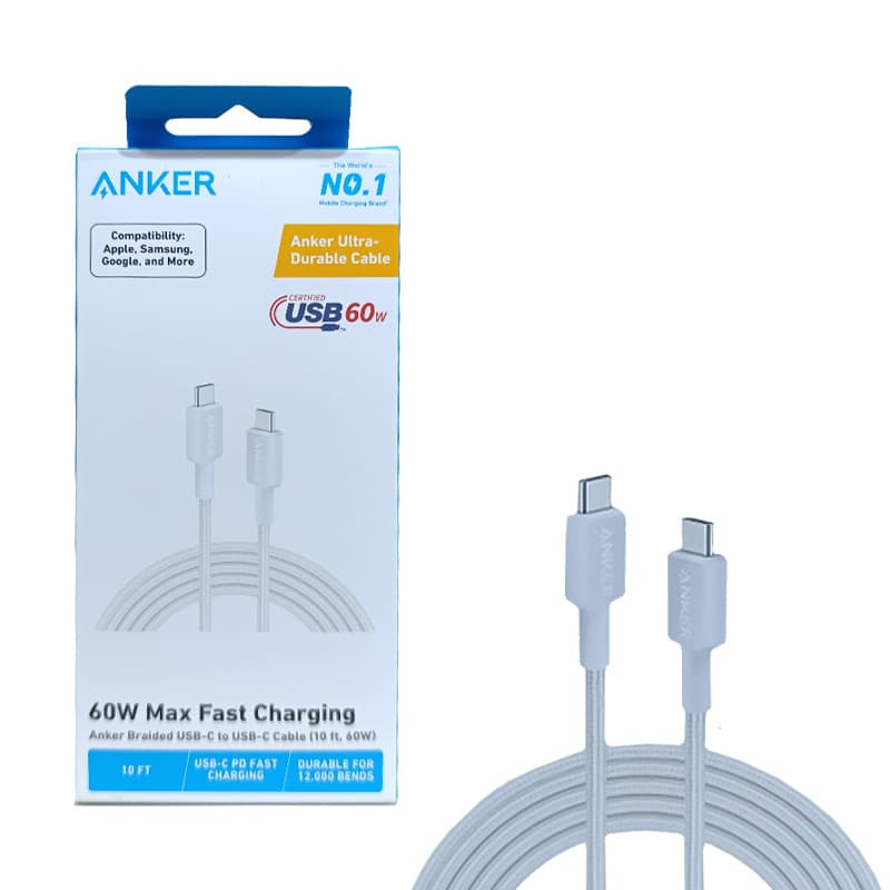 کابل شارژ و دیتا دو سر Type-C سوپر فست 3متری کنفی ضخیم 60وات ANKER A81F7H21