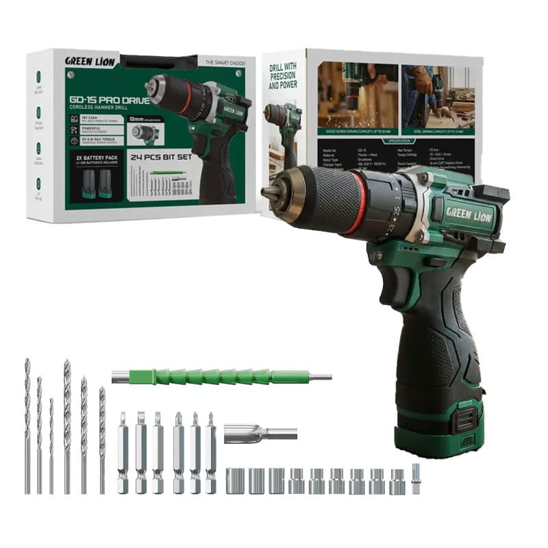دریل شارژی چکشی 18 ولت گرین لاین Green Lion GD-15 Pro Drive Cordless Hammer Drill
