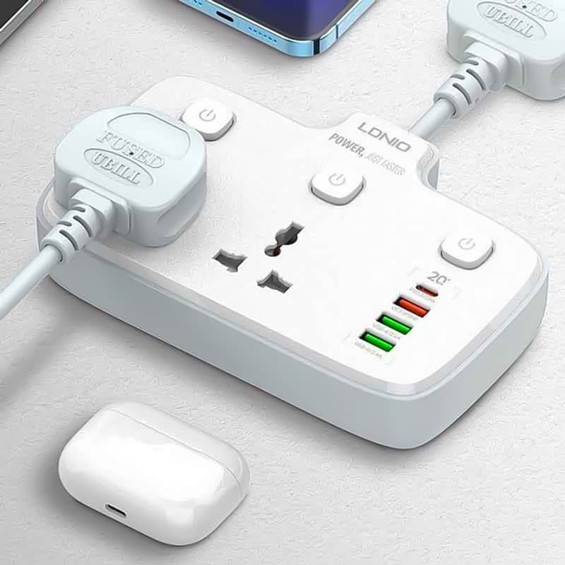 چندراهی برق کلیددار 3خروجی AC و 1PD و 3USB کابلدار LDNIO universal Power Socket SC2413 2500w — تصویر ۳