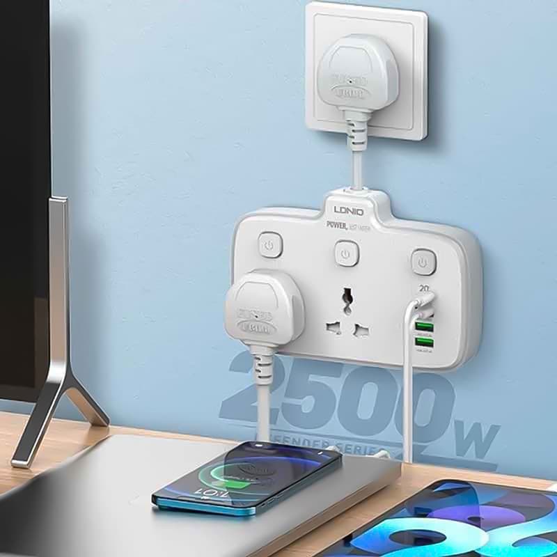 چندراهی برق کلیددار 3خروجی AC و 1PD و 3USB کابلدار LDNIO universal Power Socket SC2413 2500w — تصویر ۴