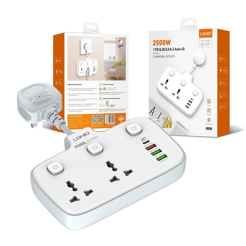 چندراهی برق کلیددار 3خروجی AC و 1PD و 3USB کابلدار LDNIO universal Power Socket SC2413 2500w