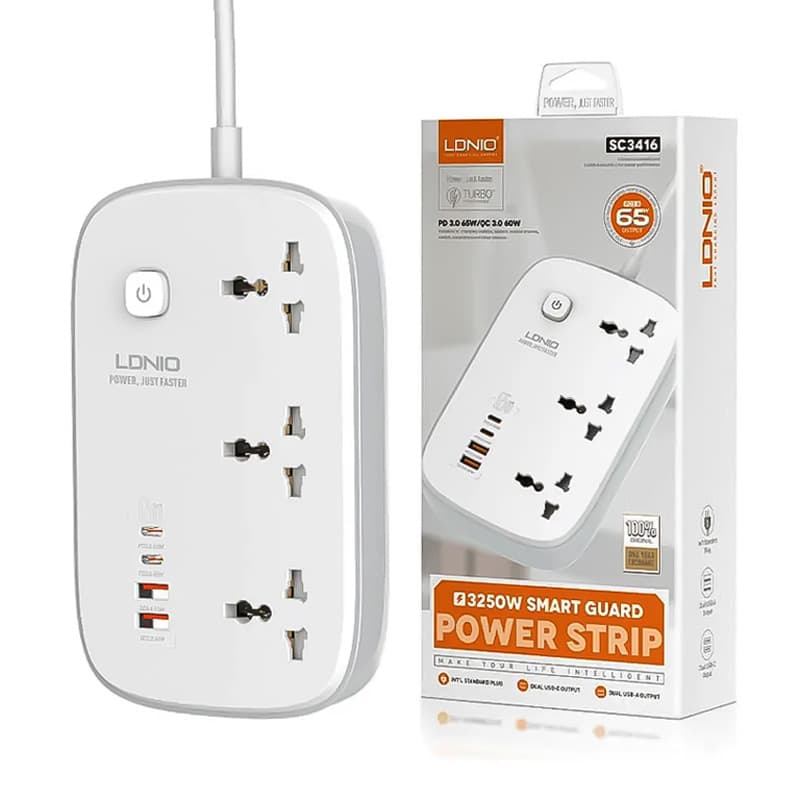 چندراهی برق کلیددار 3خروجی AC و 2PD 65w و 2USB با کابل 2متری LDNIO universal Power Socket SC3416