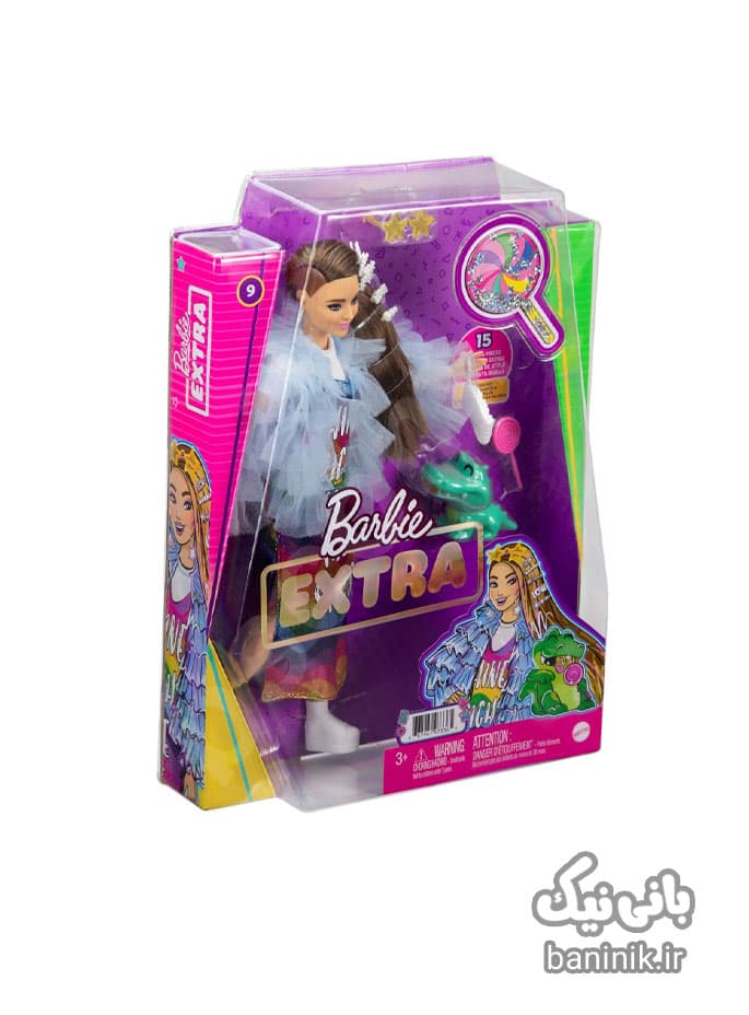 عروسک باربی اکسترا با پیراهن بلند رنگین کمانی Barbie Extra — تصویر ۳