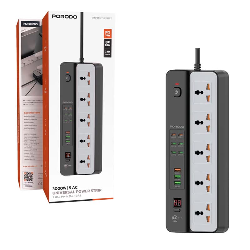پنج راهی برق هوشمند پرودو مدل Porodo 3000W-5AC Universal power Strip FWC098
