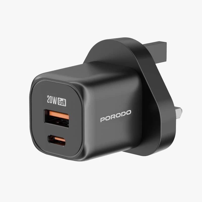 آداپتور شارژر 2پورت 3پین مدل Porodo dual port Gan wall charger FWC028 — تصویر ۲
