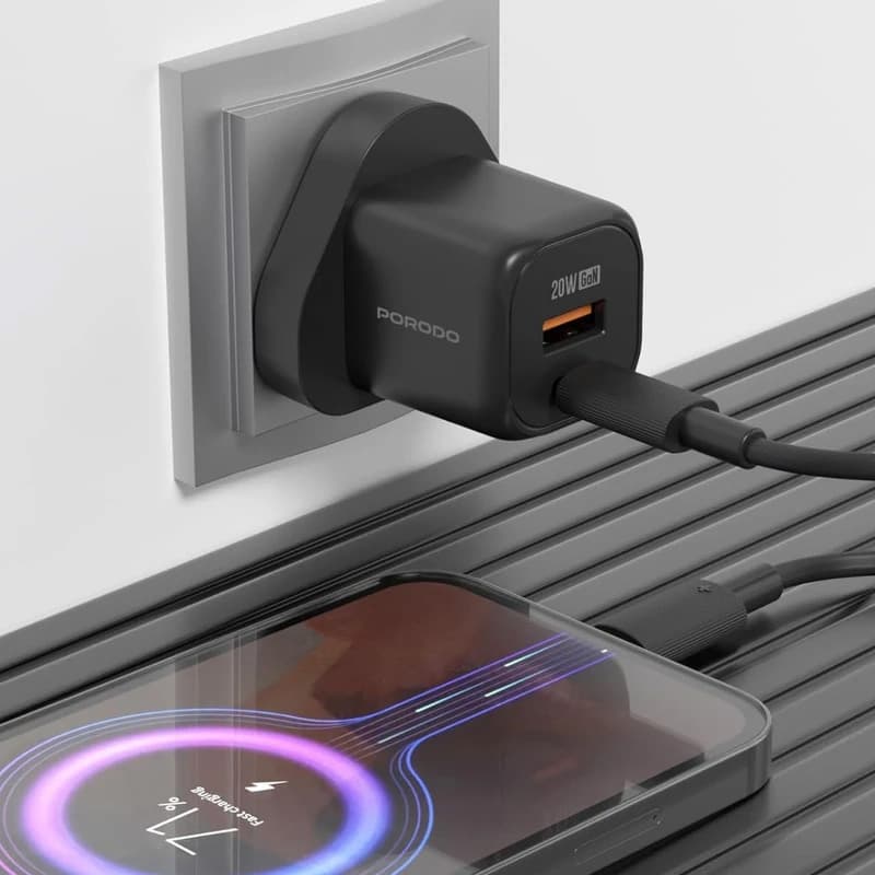 آداپتور شارژر 2پورت 3پین مدل Porodo dual port Gan wall charger FWC028 — تصویر ۳