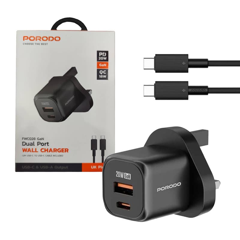 آداپتور شارژر 2پورت 3پین +کابل دوسر type-c مدل Porodo dual port Gan wall charger FWC028