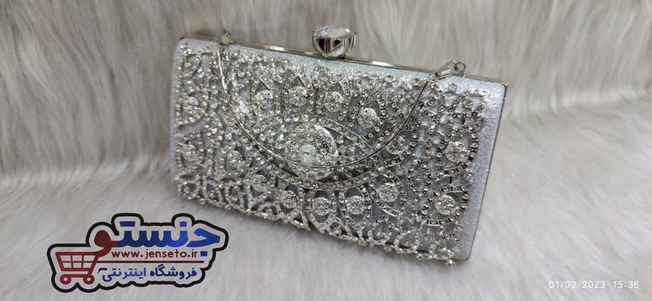 کیف دهانه فلزی زنانه مجلسی pasporti نگین توری قاب دار چشمی کد 1328 — تصویر ۲