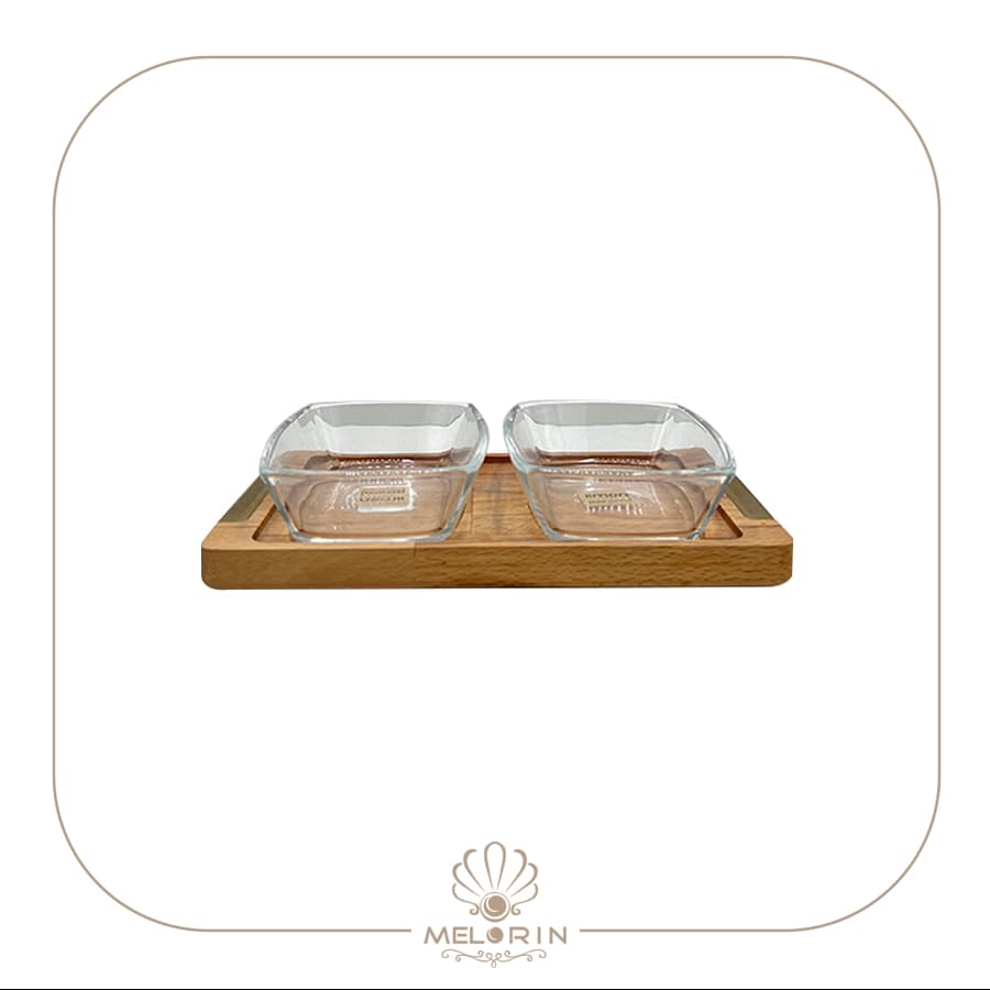 اردوخوری کوچک مستطیلی ۲ عددی شیشه‌ای کفه چوبی لیمون