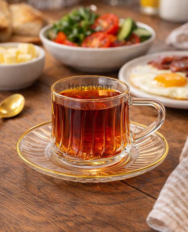 ست استکان و نعلبکی لب طلایی شیاری DELI GLASS