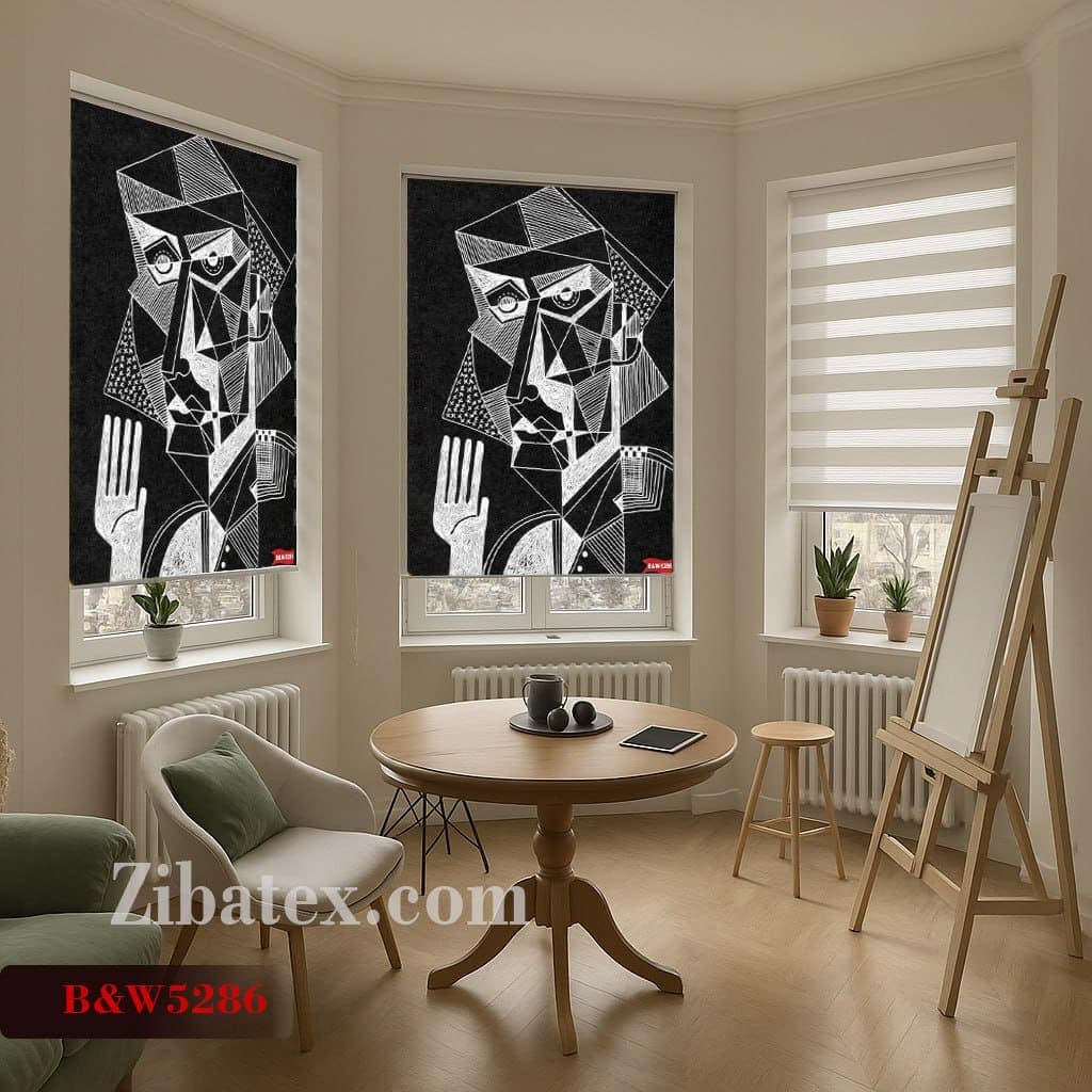 پرده شید چاپی طرح چهره هندسی کد B&W 5286