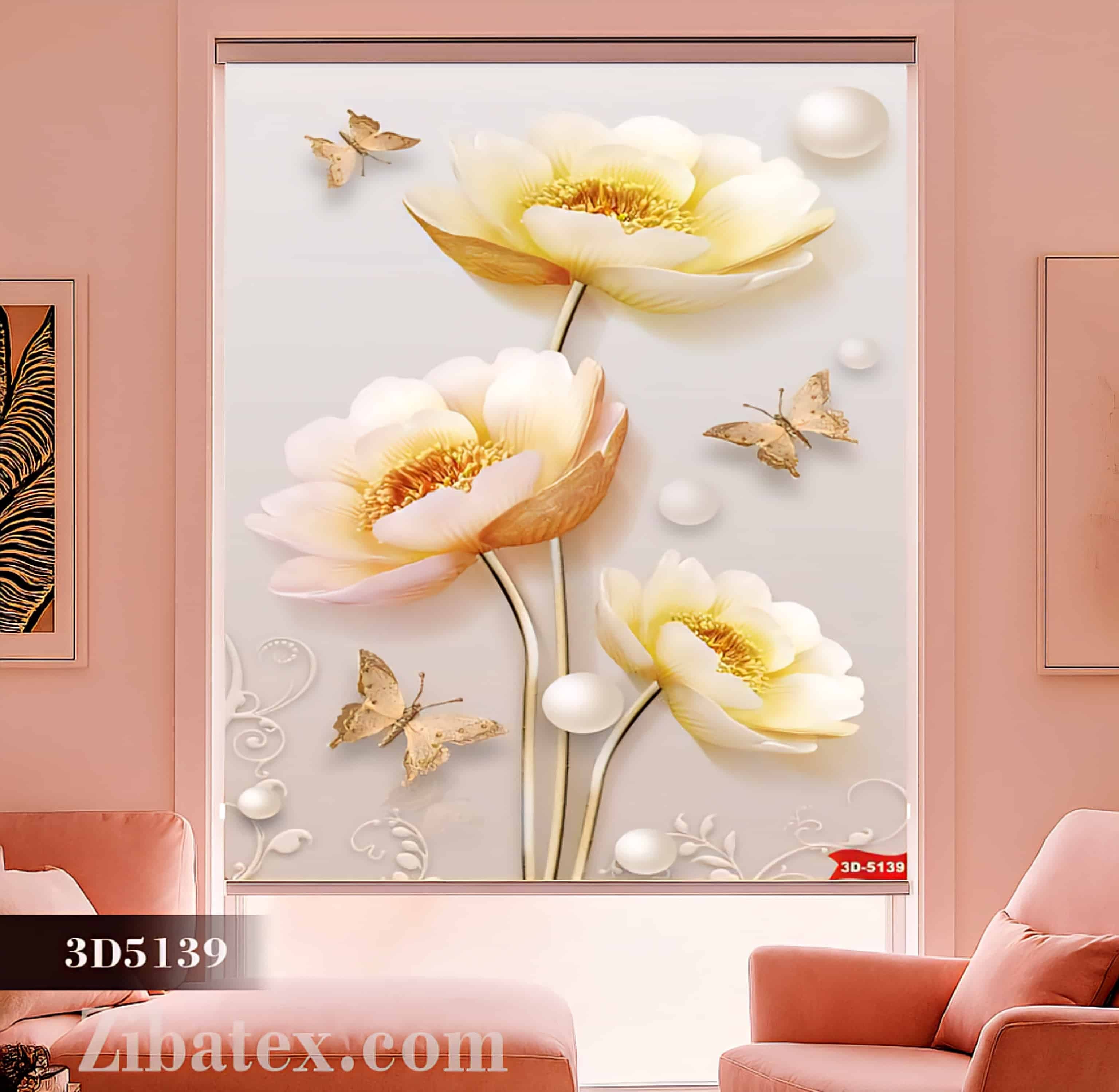 پرده شید چاپی طرح گل طلایی با پروانه کد 3D 5139