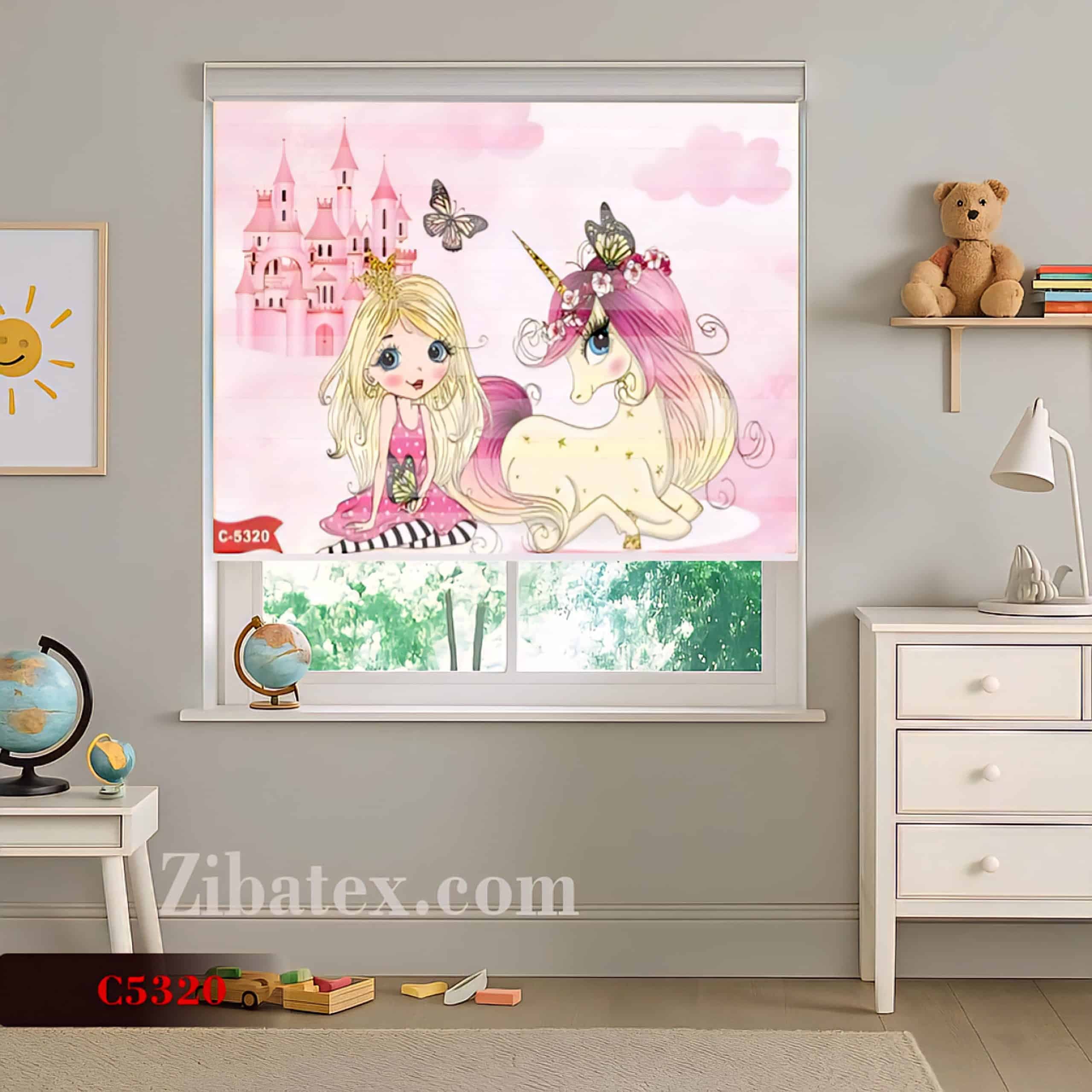 پرده زبرا چاپی دو مکانیزم طرح دختر و اسب تک شاخ کد C 5320