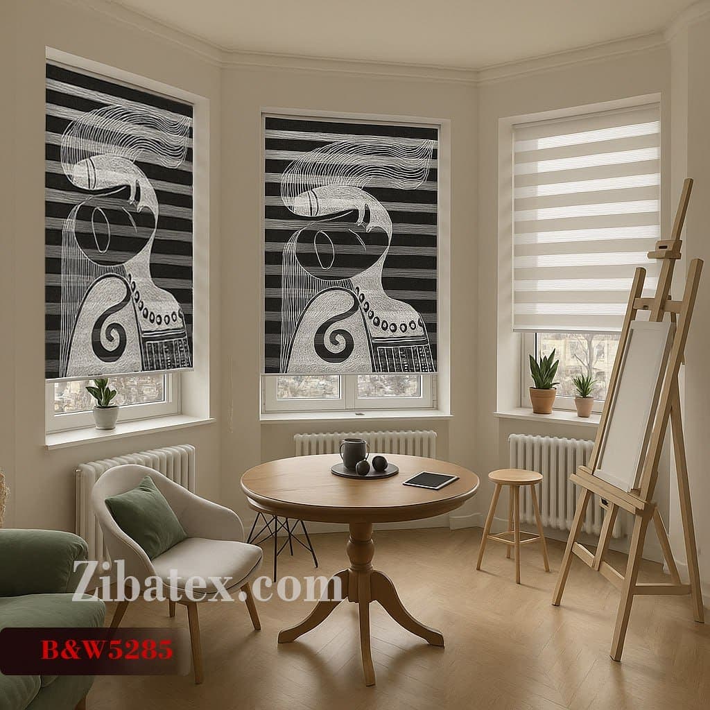 پرده سیلوئت چاپی طرح انتزاعی دختر سیاه سفید کد B&W 5285