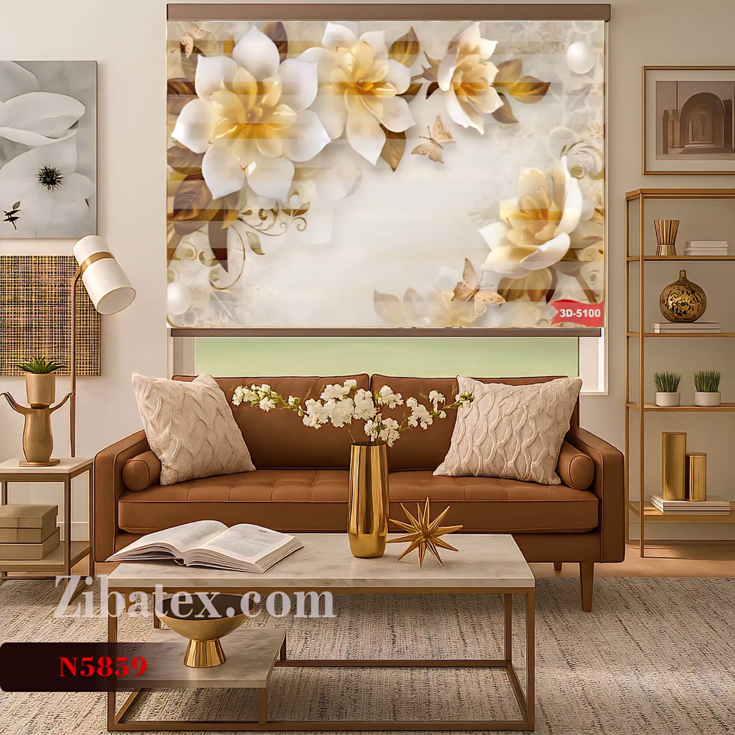 پرده زبرا چاپی طرح گل طلایی کد N 5859