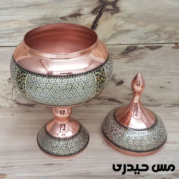 شکلات خوری مسی خاتم کاری پایه دار — تصویر ۳