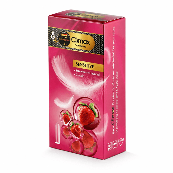 کاندوم ساده کلایمکس توت فرنگی مدل Sensitive (بسته 12 عددی)