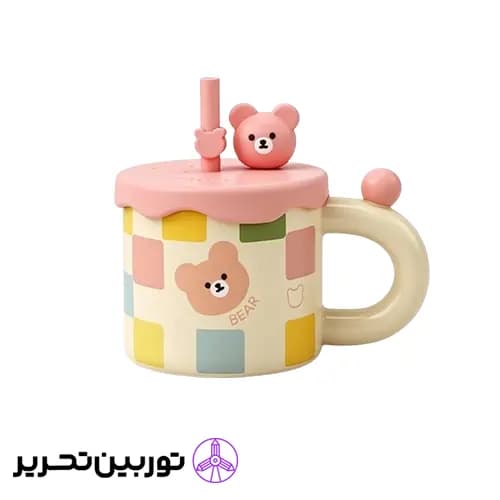 ماگ سرامیکی درب دار خرس رنگی- صورتی