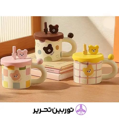 ماگ سرامیکی درب دار خرس رنگی- صورتی — تصویر ۲