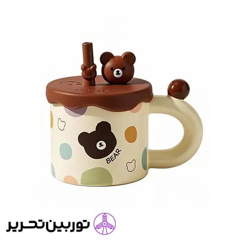 ماگ سرامیکی درب دار خرس رنگی- قهوه ای