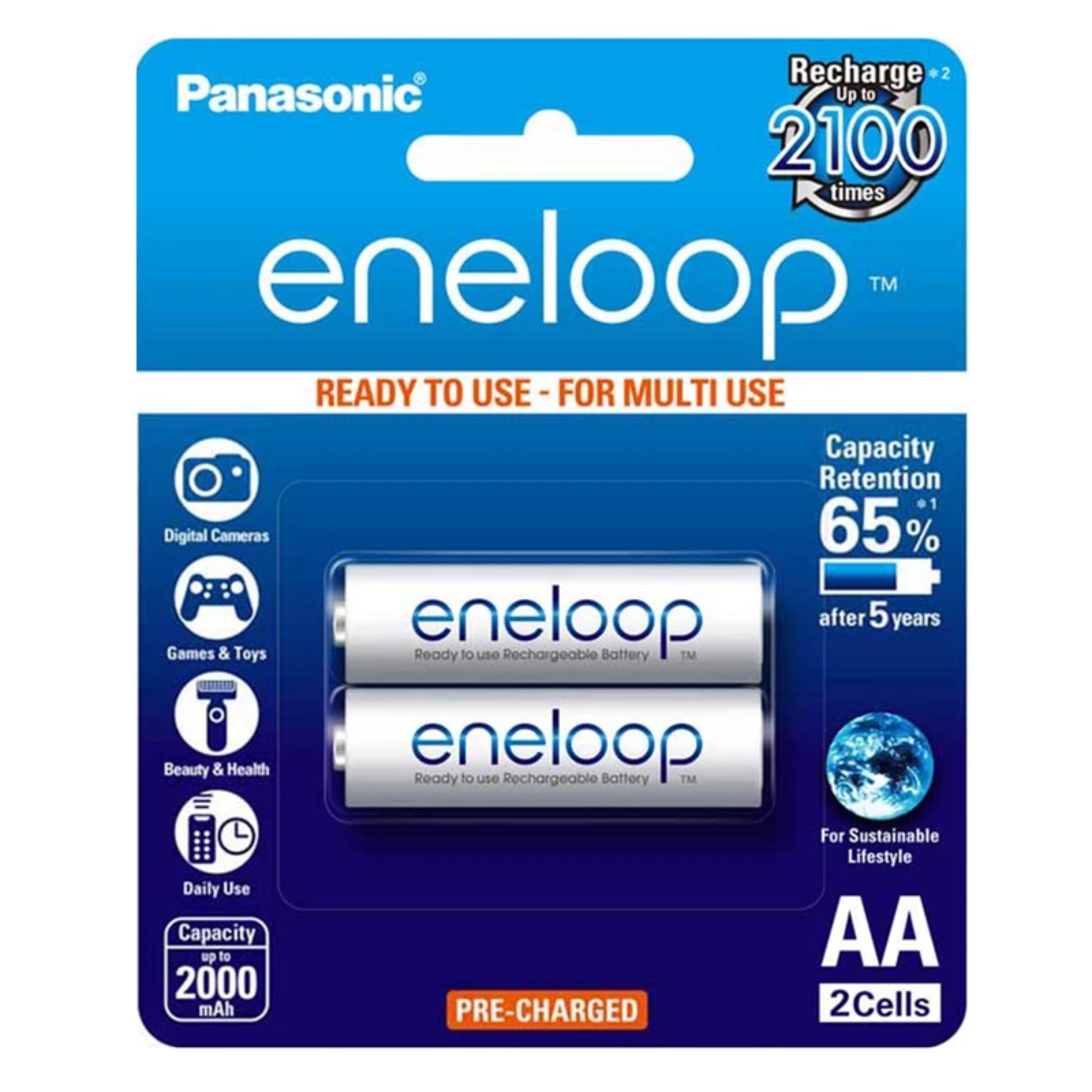 باتری قلمی شارژی پاناسونیک مدل eneloop با ظرفیت ۲۰۰۰ میلی آمپر ساعت بسته ۲ عددی