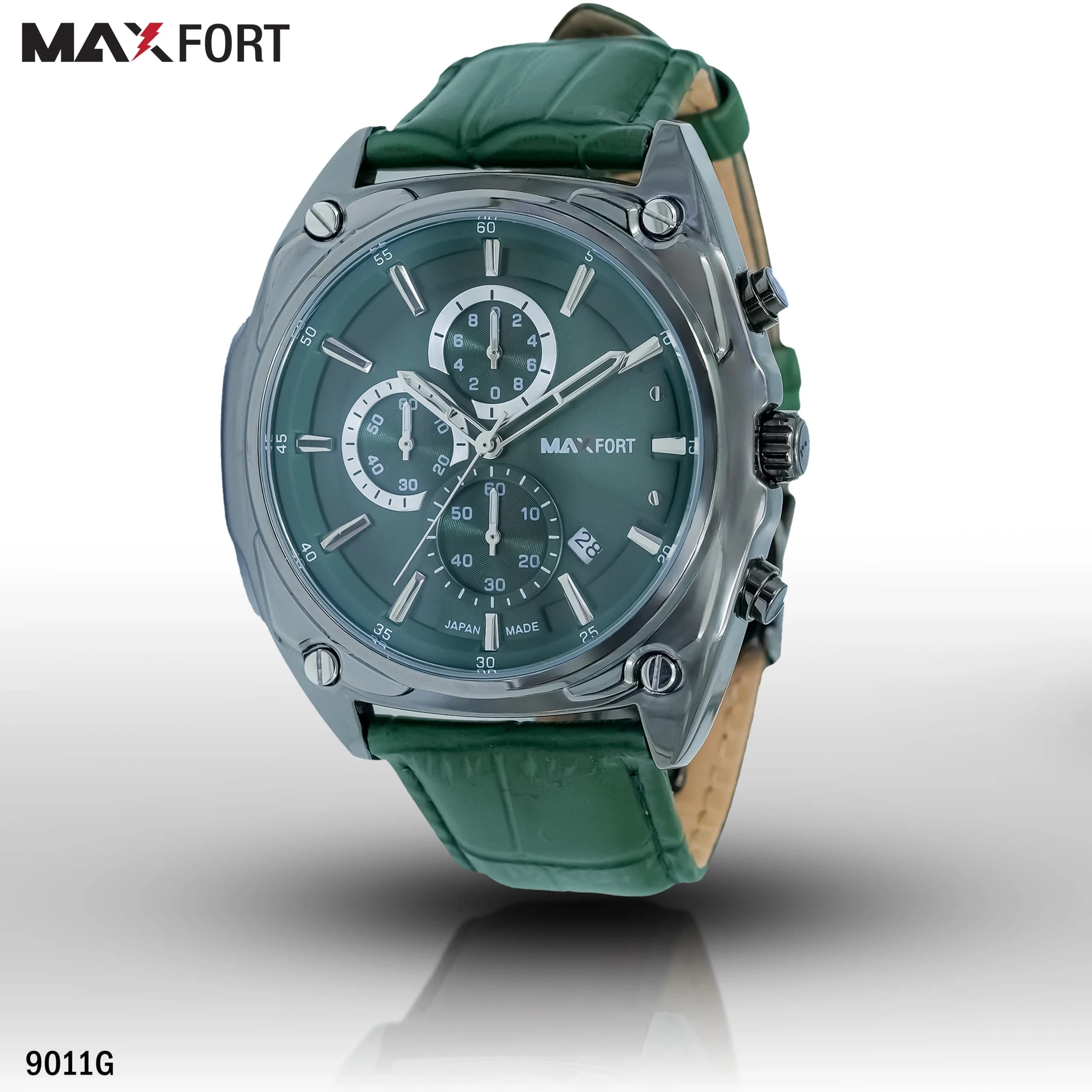 ساعت مکس فورت MAXFORT مدل 9011G ساعت مردانه بند چرمی سبز