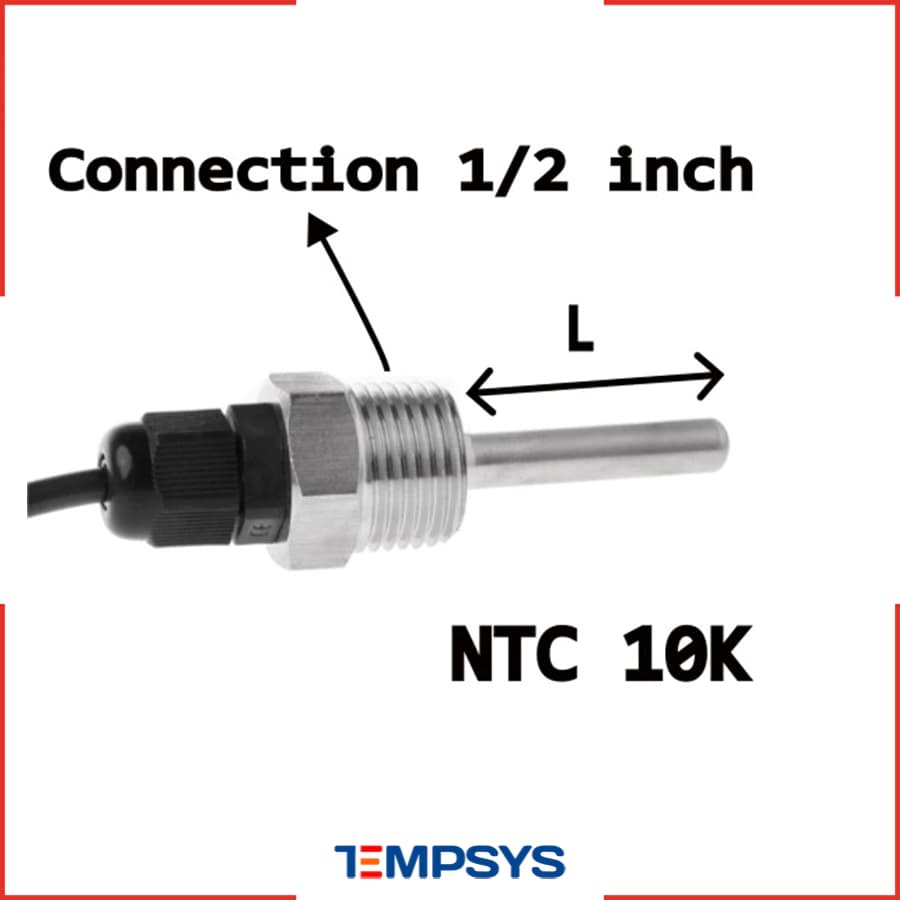 سنسور NTC 10K سیمی غلاف دار 6 میل اتصال 1/2 اینچ با کابل (رنج دما 50- تا 200+) — تصویر ۲