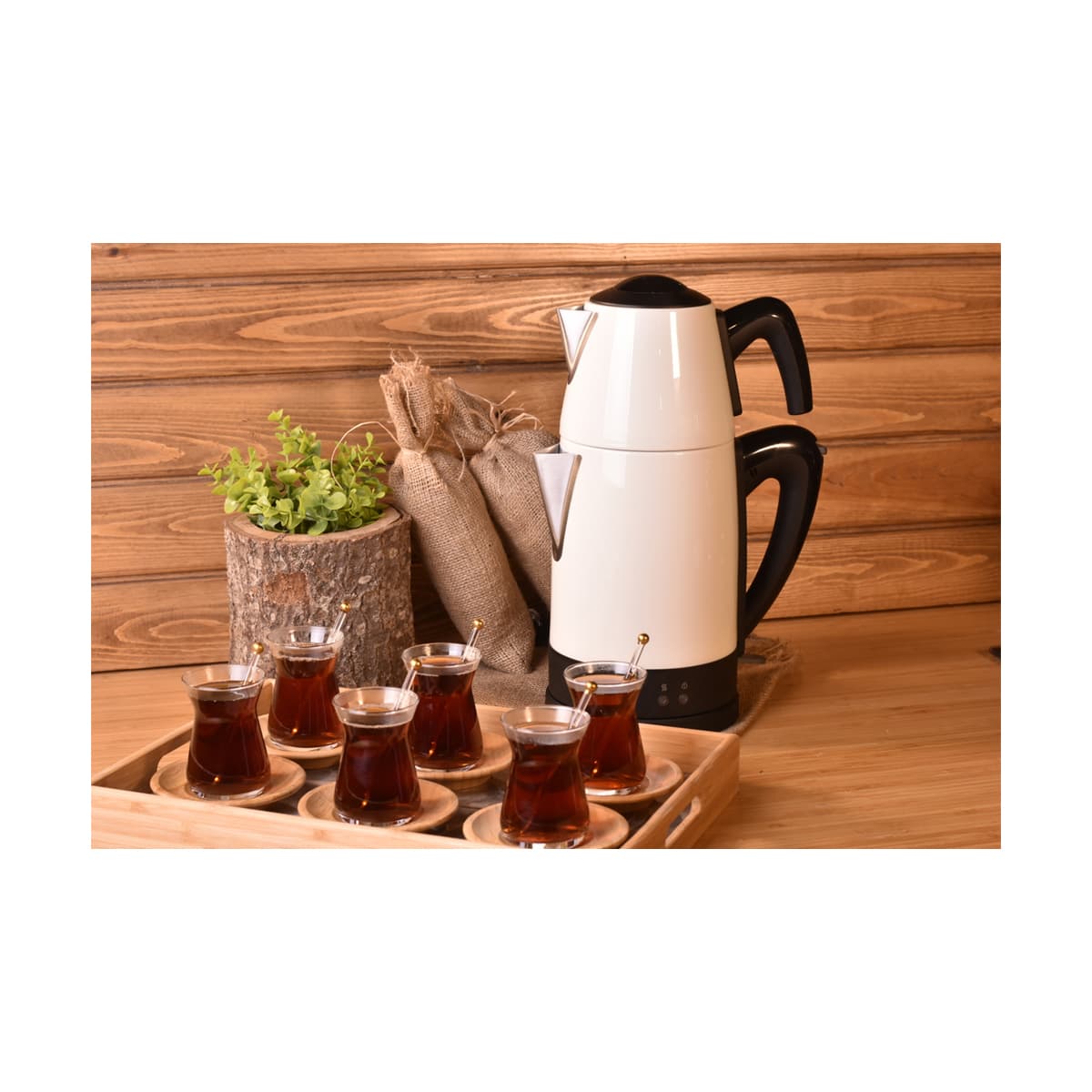 چای ساز اتوماتیک برقی استیل 1800 وات 1.8 + 0.7 لیتر سفید تیاتیک بامبوم B3336