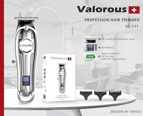 ماشین اصلاح حرفه‌ای ولروس مدل Valorous VL-111 با تیغه تیتانیومی، موتور توربو، باتری لیتیومی و نمایشگر LCD