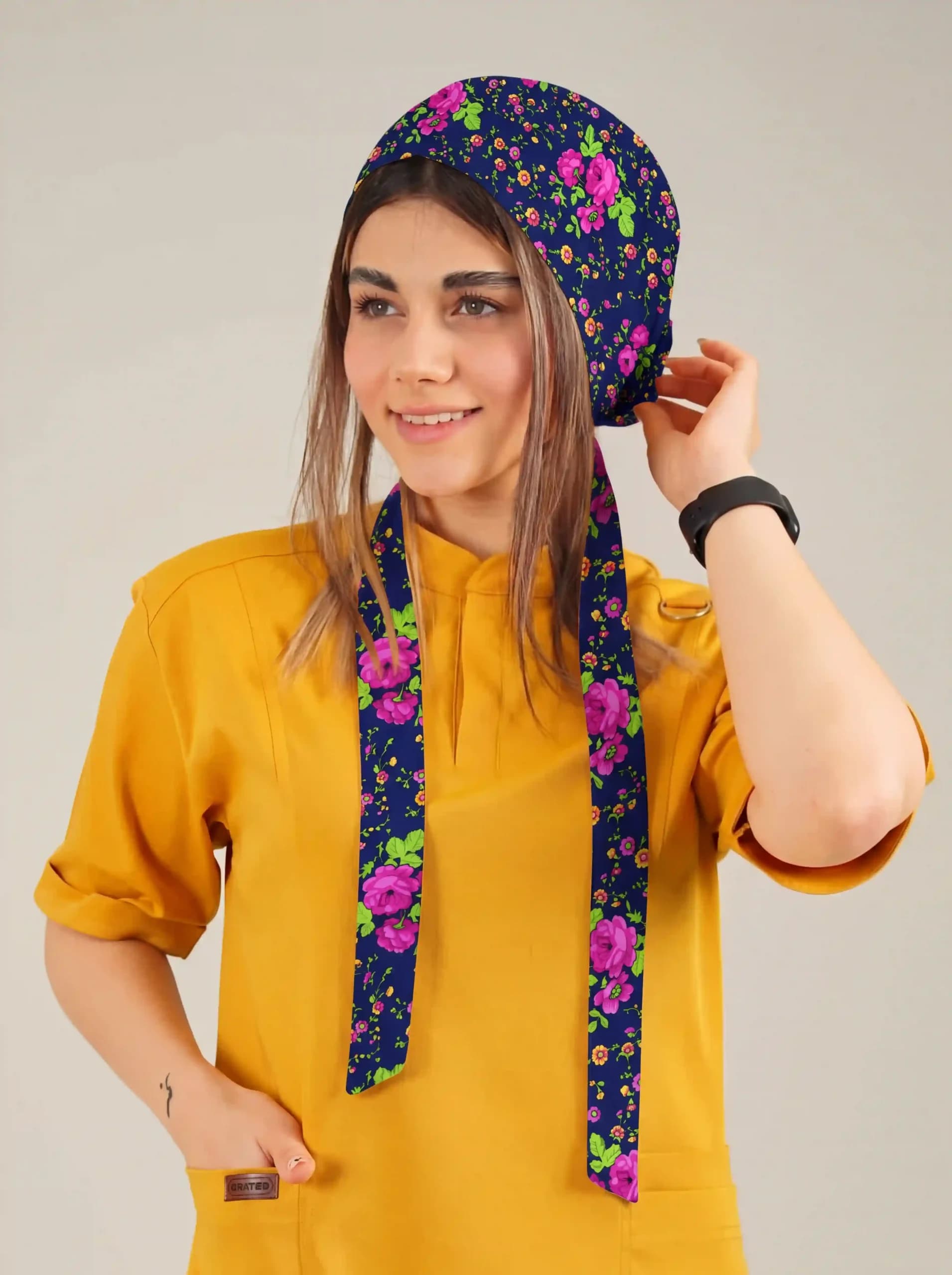 کلاه جراحی کراواتی طرح گل زمینه نیلی کد A21