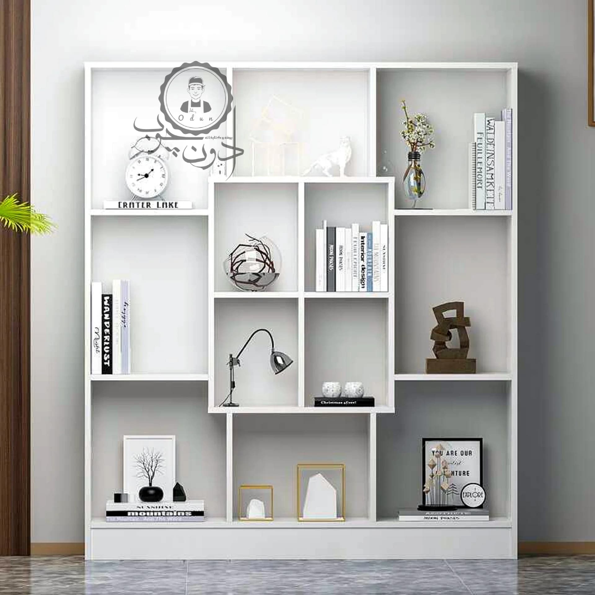 کتابخانه چوبی مدل ماکان رنگ سفید اُدون چوب — تصویر ۳