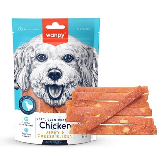 تشویقی سگ مرغ و تکه های پنیر ونپی – Wanpy Soft Chicken Jerky &amp; Cheese Slices