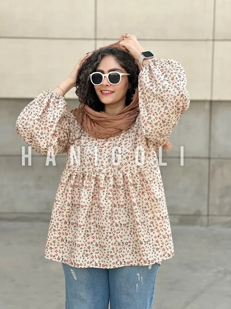 مانتو عروسکی جلو بسته مدل پاییز حانی گلی | جنس شانتون کنفی مناسب فصل — تصویر ۴