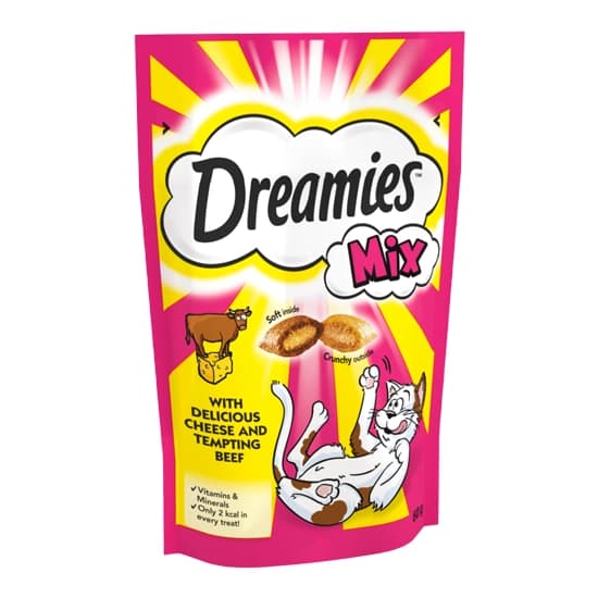تشویقی گربه دریمیز میکس با طعم گوشت گاو و پنیر – DREAMIES Cat Treat with beef & Cheese