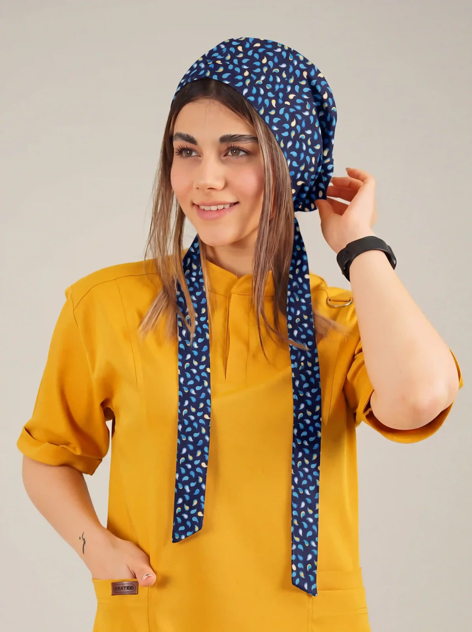 کلاه جراحی کراواتی طرح دار زمینه سرمه ای کد A15