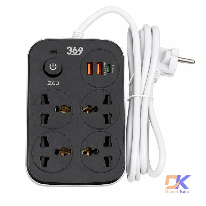 چندراهی برق Z63 با 4 عدد پریز و 2 عدد USB برند 369