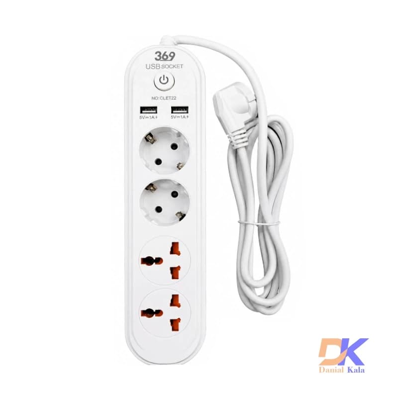 چندراهی برق NO.CX-ET22 با 4 عدد پریز و 2 عدد USB برند 369