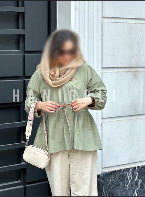 مانتو عروسکی جلو باز بندیلکی کتان سبز | برند حانی گلی — تصویر ۳