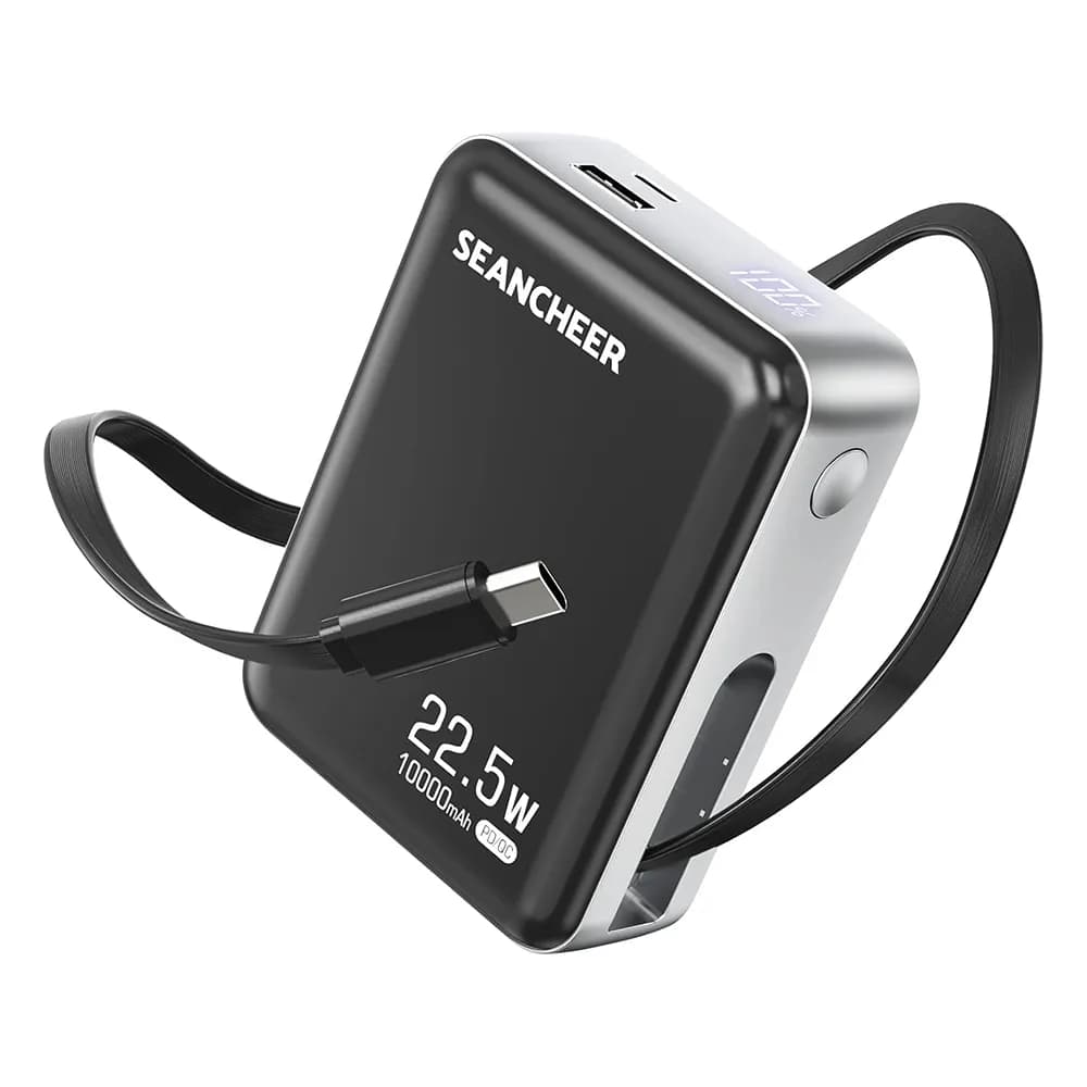پاوربانک ظرفیت 10000 میلی‌آمپر ساعت با توان 22.5 وات و کابل USB-C جمع‌شونده برند SEANCHEER مدل 7L