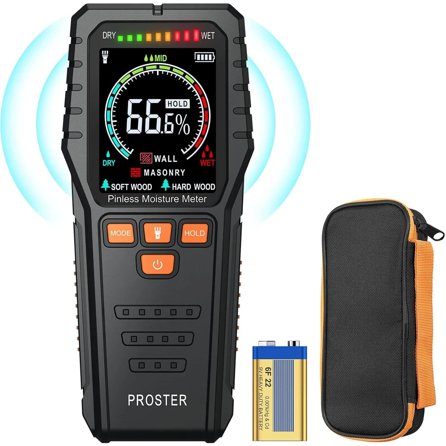 رطوبت‌سنج دیجیتال بدون پین برای چوب و مصالح ساختمانی برند Proster مدل PST221