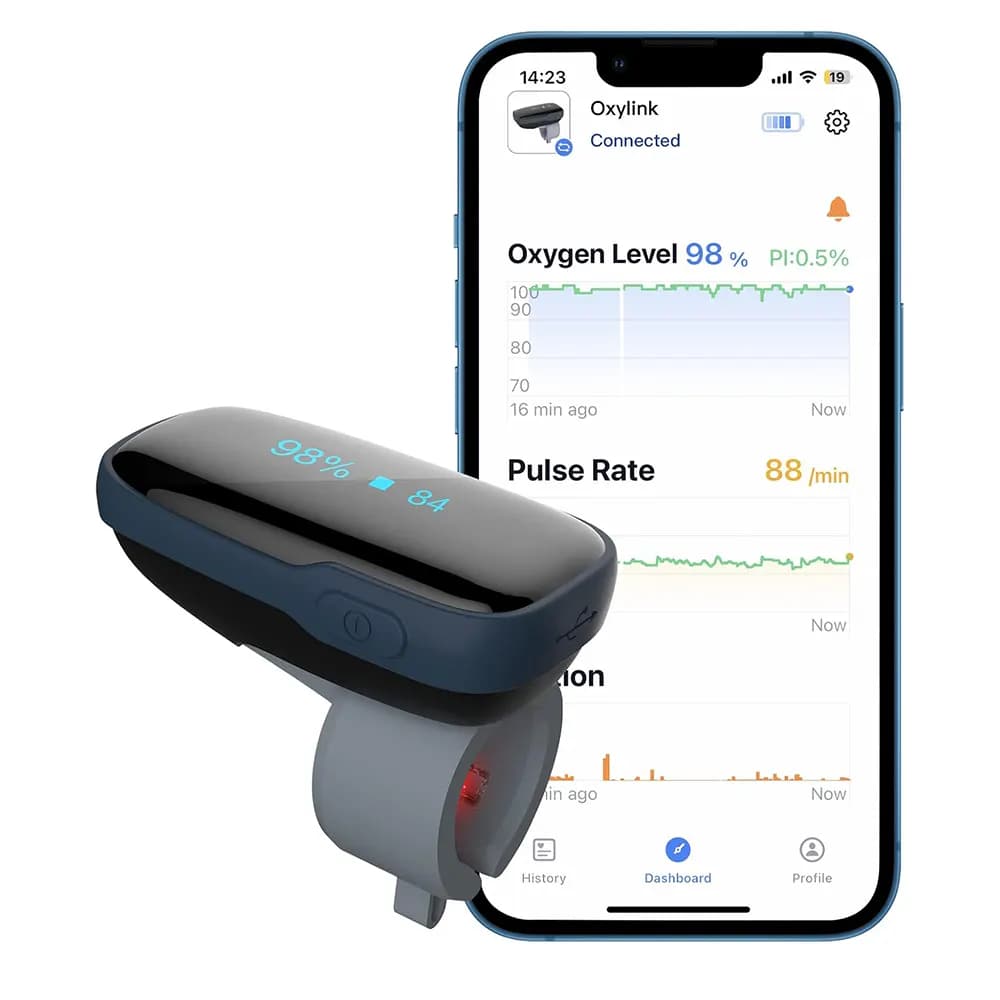 دستگاه مانیتور اکسیژن خون پوشیدنی بی‌سیم با بلوتوث و هشدار صوتی برند Wellue مدل Oxylink