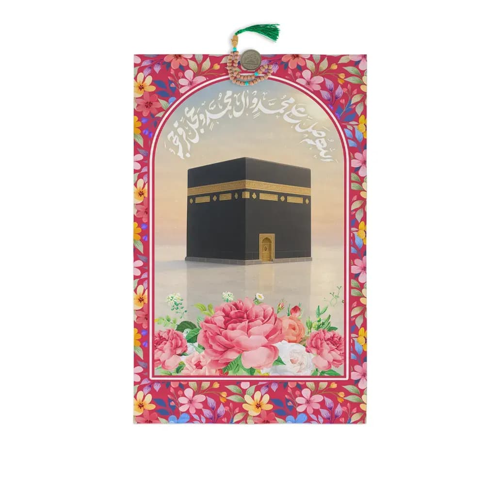 سجاده کودک مخمل طرح کعبه رنگ صورتی گل دار