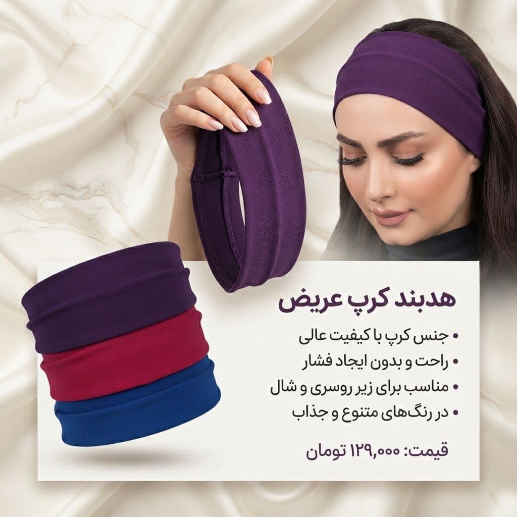 هدبند پارچه‌ای کرپ ایران رنگی بنفش(قابل شستشو) — تصویر ۲