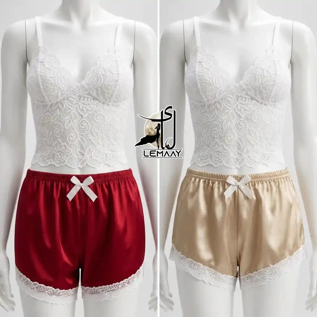 لباس خواب دو تیکه تاپ گیپور و شورتک ساتن برند Victorias Secret کد 18703 — تصویر ۵