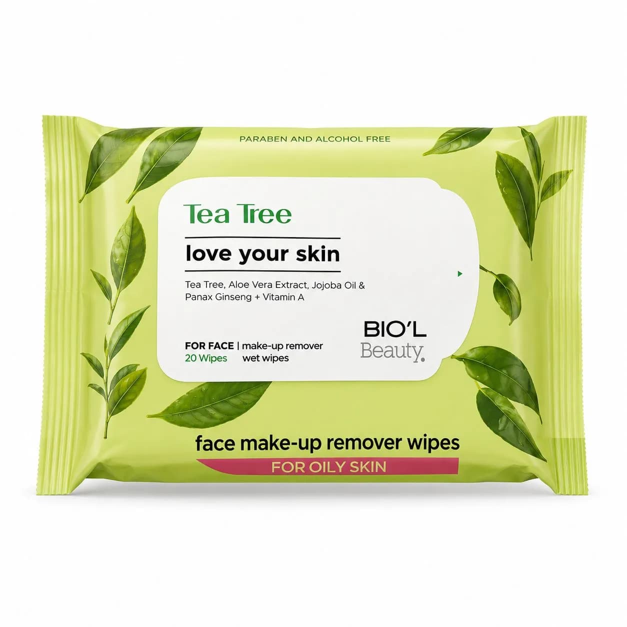 دستمال مرطوب پاک کننده آرایش بیول مدل درخت چای Tea Tree مناسب پوست چرب بسته 20 عددی