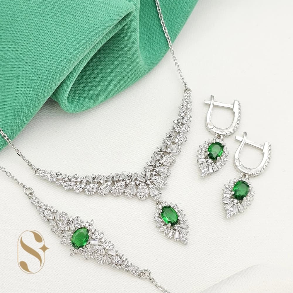 سرویس نقره زنانه مدل زمرد جواهری کد SilverSet-S626 — تصویر ۲