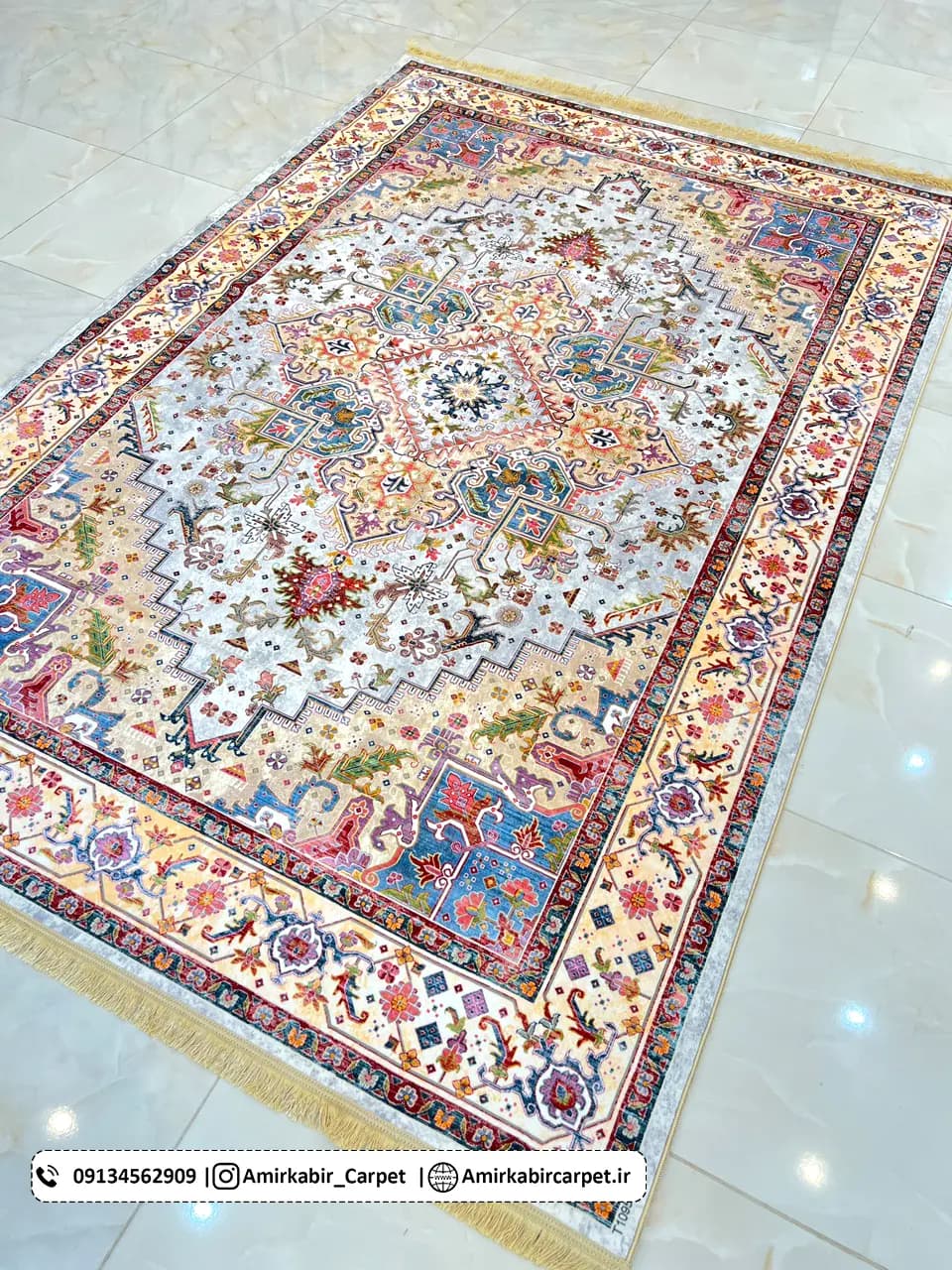 فرش 1240 شانه طرح دستباف کد T1095 کرم طوسی — تصویر ۲